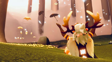 CJ’s Sky avatar. He has shoulder length hair and antlers. He is sat at the end of forest by the lake and blowing a kiss to the jellyfish.
